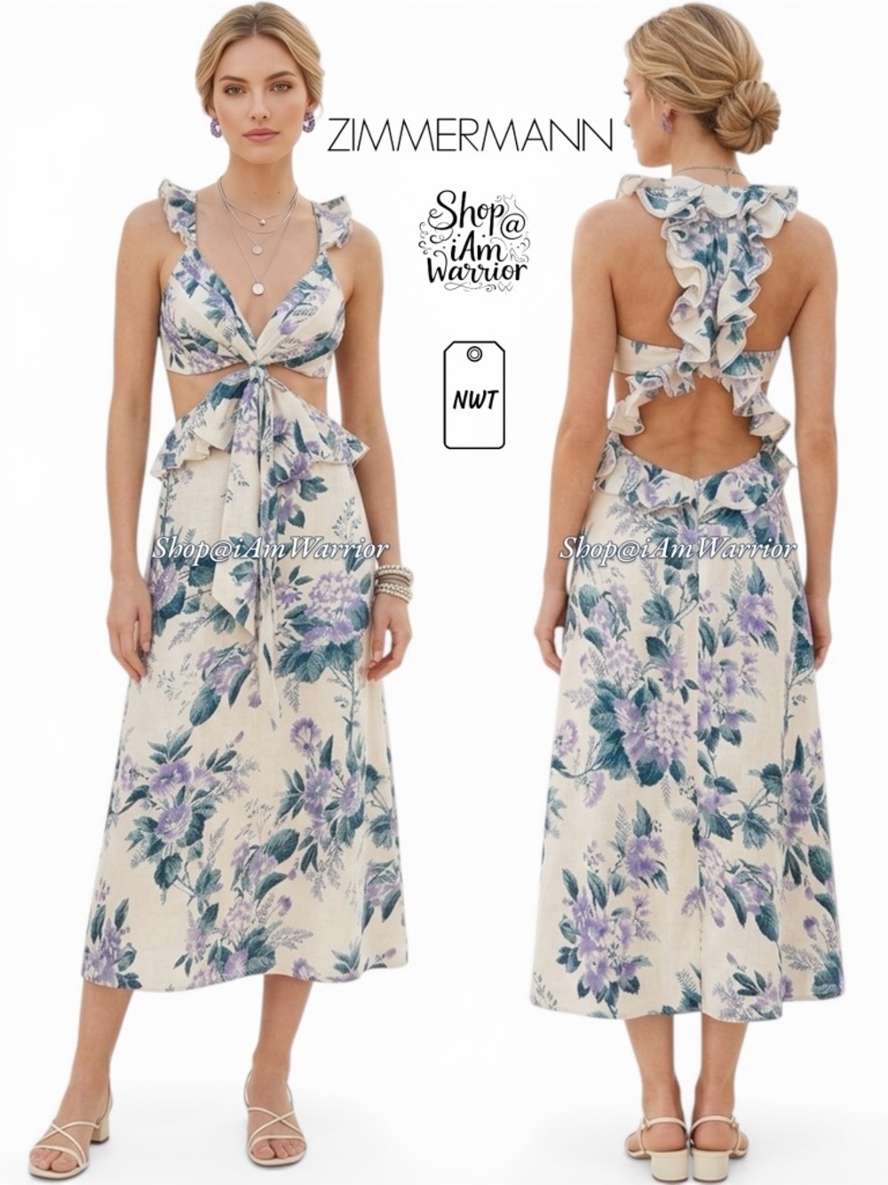 Zimmermann NWT linen ruffle botanical cut-out midi dress *shop@iamwarrior